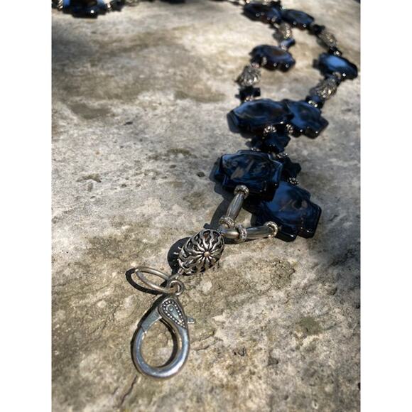 SALE!! Black Onyx Cross Lanyard - Black & Silver Double Strand Chunky Necklace - Picture 9 of 9